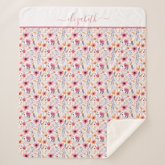 Monogram Boho Wildflower Roze Sinaasappel Paarse B Sherpa Deken (Voorkant)