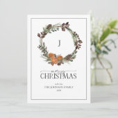 Monogram Boho Winter Citrus Wreath Merry Kerstmis Feestdagenkaart (Staand voorkant)