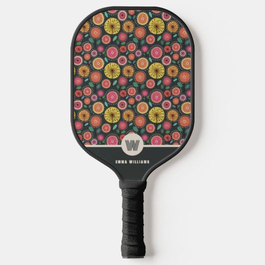 Monogram Bold Boho Chic Floral Gepersonaliseerd Pickleball Paddle (Voorkant)
