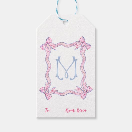 Monogram boog roze blauw cadeau Label, gepersonali Cadeaulabel (Voorkant)