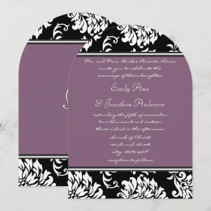 Monogram Boog Vorm Paars Vintage Damast Trouwen Kaart