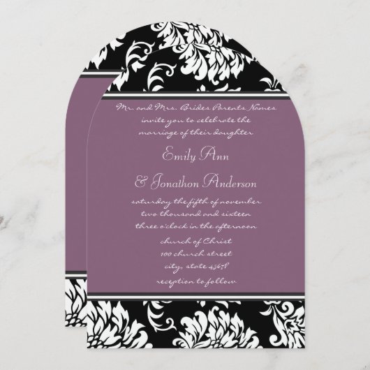 Monogram Boog Vorm Paarse Damask Wedding Kaart (Voorkant / Achterkant)