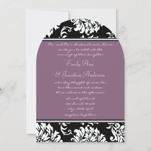 Monogram Boog Vorm Paarse  Damask Wedding Kaart (Voorkant)