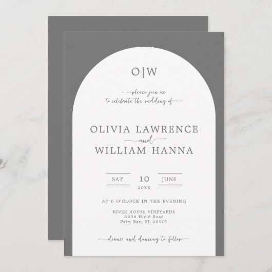 Monogram Boog Zilver Grijs Huwelijksuitnodiging Kaart (Voorkant / Achterkant)