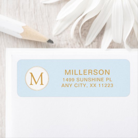 Monogram bord blauw en goud retouradres etiket (Insitu)