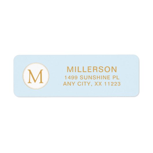 Monogram bord blauw en goud retouradres etiket (Voorkant)