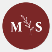 Monogram bordeaux bruiloft gunst ronde sticker (Voorkant)
