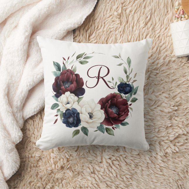 Monogram bordeauxrood marineblauw wit bloemmotief kussen (Deken)