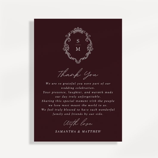 Monogram bordeauxrood script bruiloft bedankkaart kaart