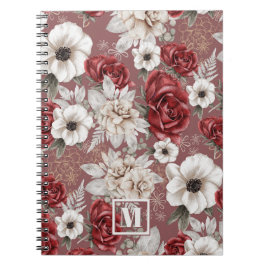 Monogram bordeauxroze roze bloempatroon notitieboek