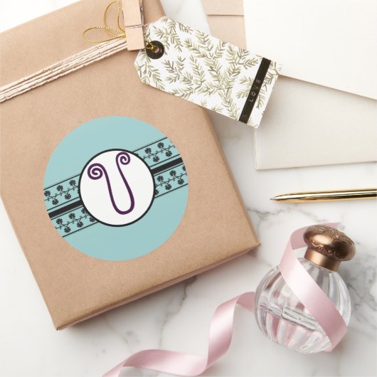 Monogram Borders Blue Ronde Sticker (Geschenken)