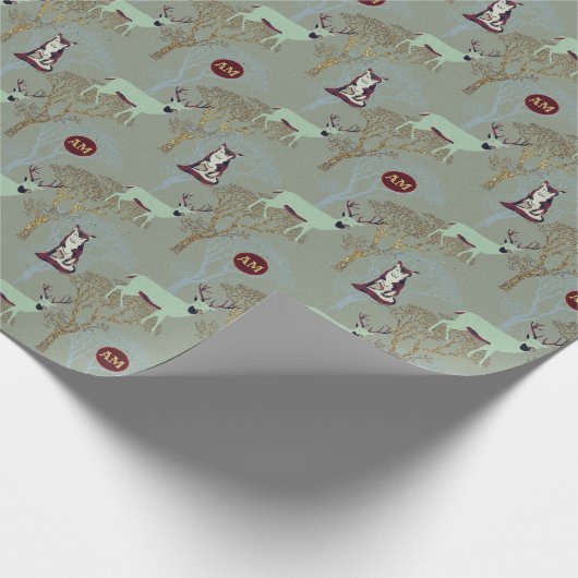 Monogram Bosdieren Goud Bomen Buffalo Plaid Cadeaupapier (Hoek)