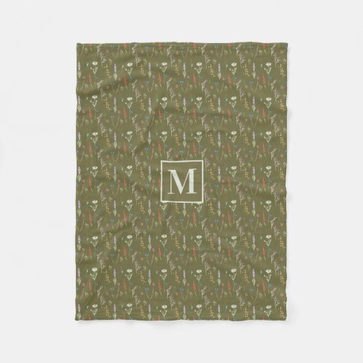 Monogram Bosgroen Aquarel Wilde Bloementuin Fleece Deken (Voorkant)