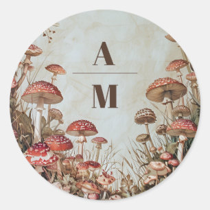 Monogram Bosherfst Waterverf Paddenstoel Bruiloft Ronde Sticker