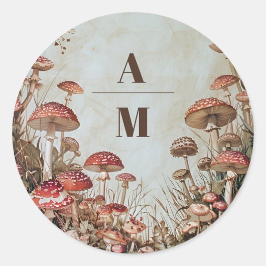 Monogram Bosherfst Waterverf Paddenstoel Bruiloft Ronde Sticker (Voorkant)