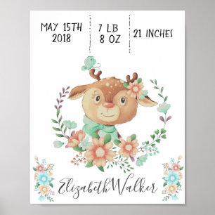 monogram bosnvriend baby herten - geboortestaat poster