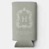 Monogram Botanical Crest Sage Green Wedding Seltzer Blikjeskoeler (Achterkant)