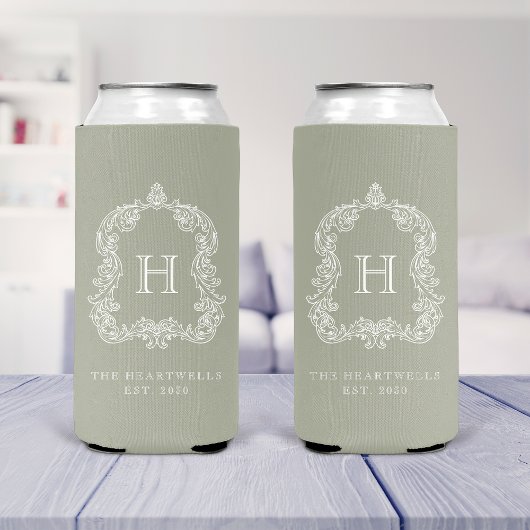 Monogram Botanical Crest Sage Green Wedding Seltzer Blikjeskoeler