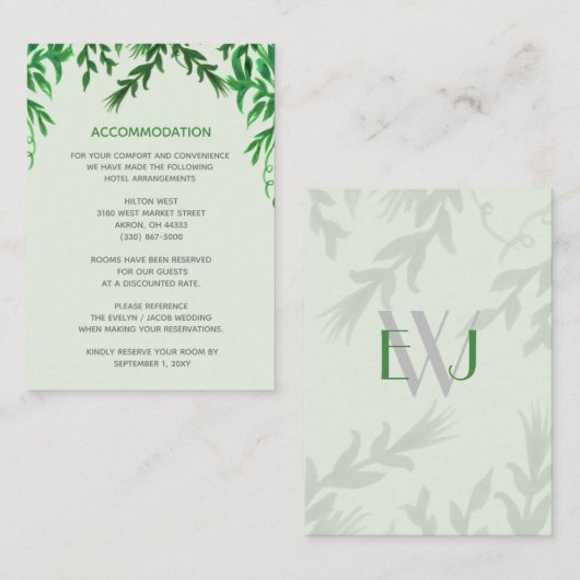 Monogram Botanical Greenery accommodatiekaart Informatiekaartje (Voorkant / Achterkant)