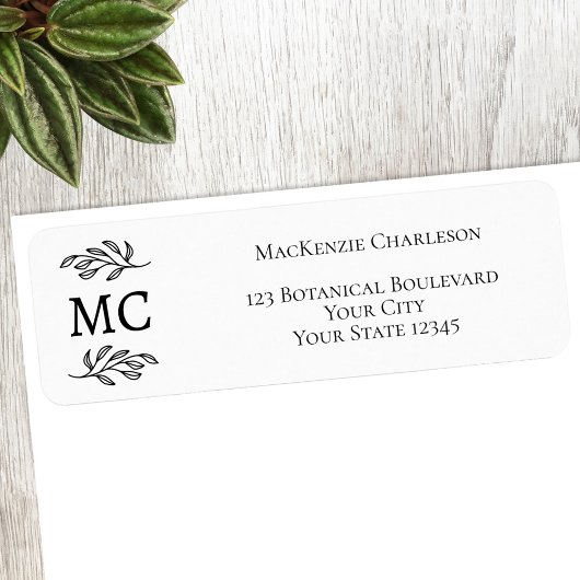 Monogram Botanisch Blad Lijn Kunst Retouradres Etiket