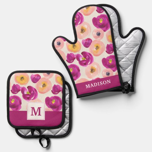 Monogram | Botanisch patroon Waterverf Ovenwant & Pannenlap Set (Voorkant / Achterkant)