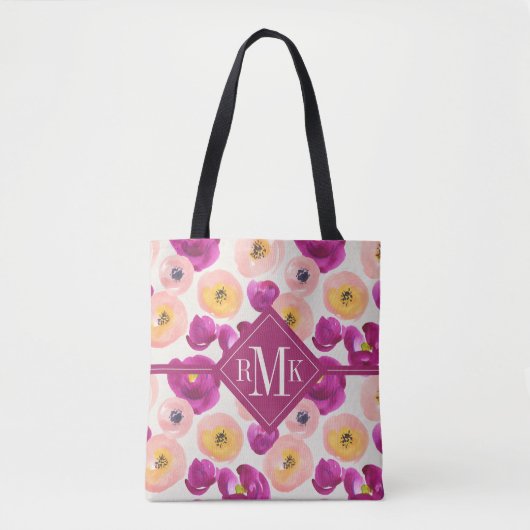 Monogram | Botanisch patroon Waterverf Tote Bag (Voorkant)