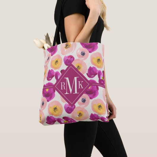 Monogram | Botanisch patroon Waterverf Tote Bag (Dichtbij)