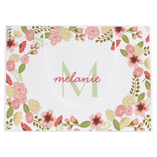 Monogram Botanische Bloemen Grote Geschenktas Large Cadeautasje (Voorkant)