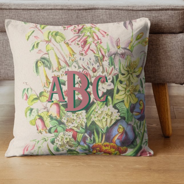 Monogram Botanische  Bloemen Roze en Groen Kussen (Elevate your dorm or lounge space with a Monogram Botanical Vintage Flowers Pink and Green Throw!)