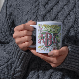 Monogram Botanische  Bloemen Roze en Groen Tweekleurige Koffiemok