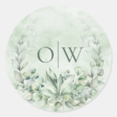 Monogram Botanische Eucalyptusbruiloft Ronde Sticker (Voorkant)