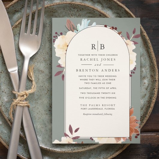 Monogram Botanische Floral Blended Family Wedding Kaart