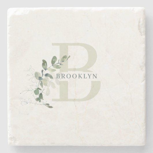 Monogram Botanische Greenery Stone Onderzetter (Voorkant)