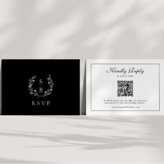 Monogram Botanische krans QR Code Bruiloft RSVP Informatiekaartje