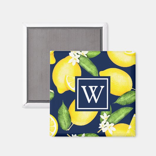 Monogram Botanische Lemon Navy Blue Magneet (Voorkant / Achterkant)