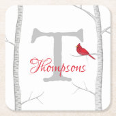 Monogram Botanische rode kardinale Winterboom Kartonnen Onderzetters (Voorkant)