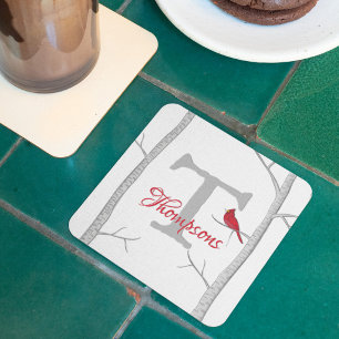 Monogram Botanische rode kardinale Winterboom Kartonnen Onderzetters