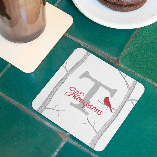 Monogram Botanische rode kardinale Winterboom Kartonnen Onderzetters