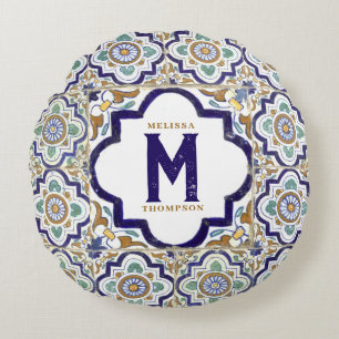 monogram botanische siertegels rond kussen