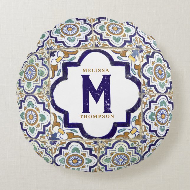  monogram botanische siertegels rond kussen (Voorkant)