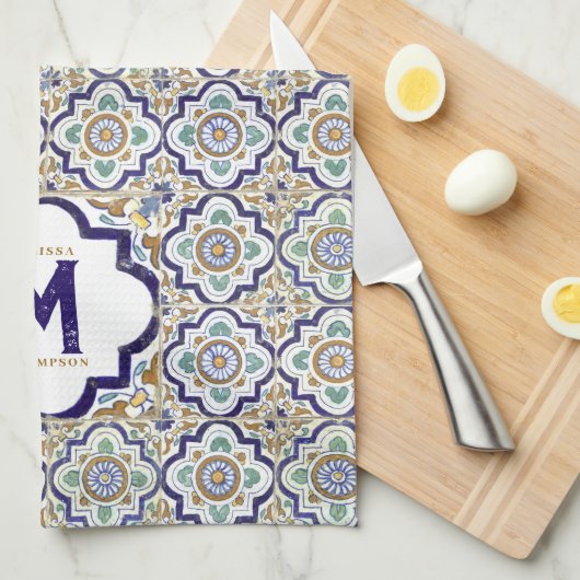  monogram botanische siertegels theedoek (Quarter Fold)