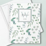 Monogram Botanische Waterverf Planner<br><div class="desc">Deze  planner heeft een waterverf van groene bladeren op een witte achtergrond,  bedekt met een rechthoek met uw monogram,  naam en jaar. Alle tekst is aanpasbaar. De achterkant van de planner heeft ook het bladpatroon op een witte achtergrond. Originele Waterverf © Michele Davies.</div>