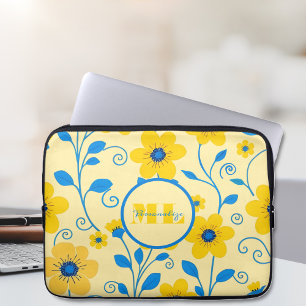 Monogram Boter Geel en Blauw Bloemen Laptop Sleeve
