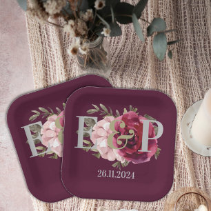 Monogram Bourgogne Blush Bloemen Bruiloft Papieren Bordje
