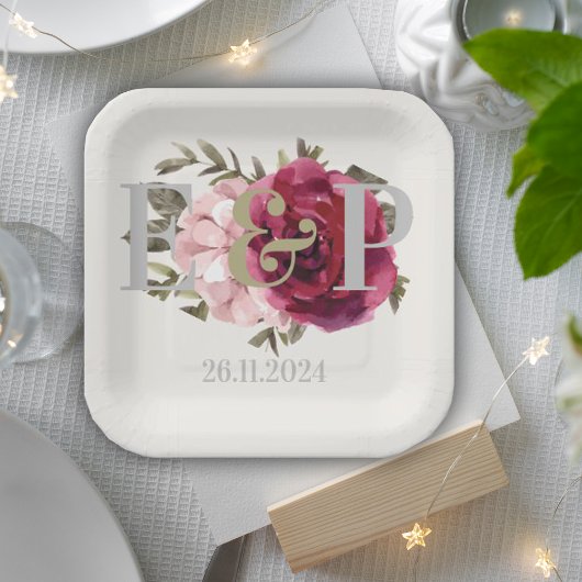 Monogram Bourgogne Blush Bloemen Bruiloft Papieren Bordje