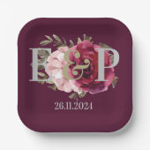 Monogram Bourgogne Blush Bloemen Bruiloft Papieren Bordje (Voorkant)