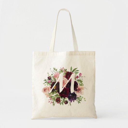 Monogram & Bourgogne & Blush Pink Floral Tote Bag (Voorkant)