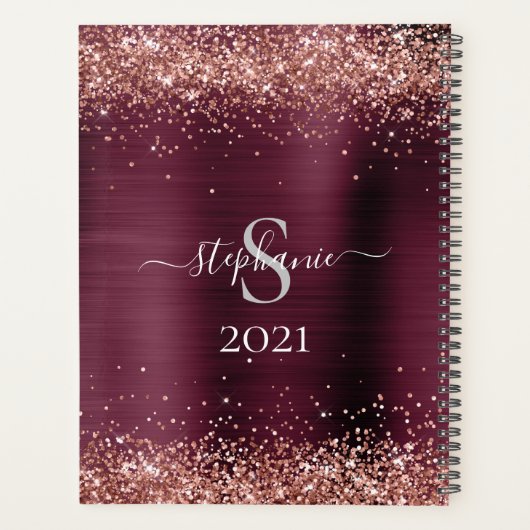 Monogram Bourgogne Bruin Faux-Glitter Girly Glam Planner (Achterkant)
