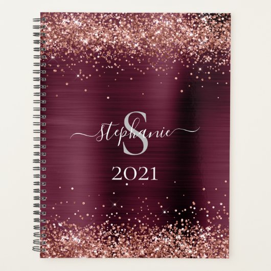 Monogram Bourgogne Bruin Faux-Glitter Girly Glam Planner (Voorkant)