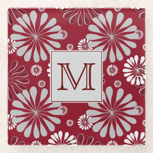 Monogram Bourgogne en Gray Floral Glazen Onderzetter (Voorkant)